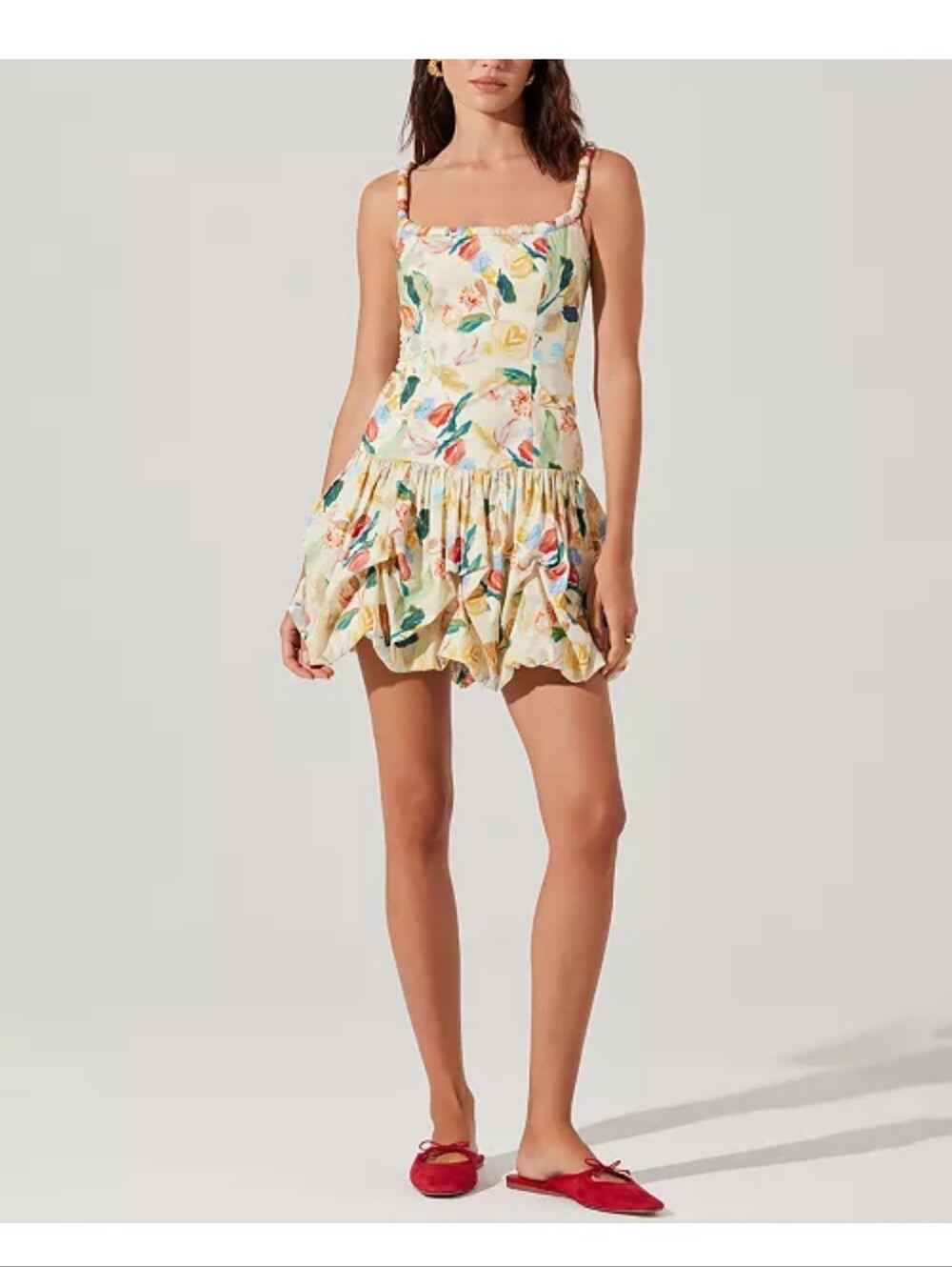 Astr Floral Ruffle Mini Dress in Cream with Multicolor Print